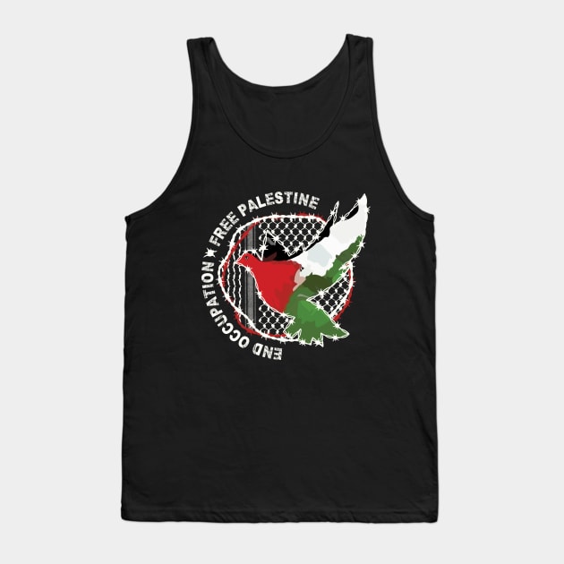 End Occupation Free Palestine with Palestinian Arabic Kufiya Hatta Pattern -wht Tank Top by QualiTshirt